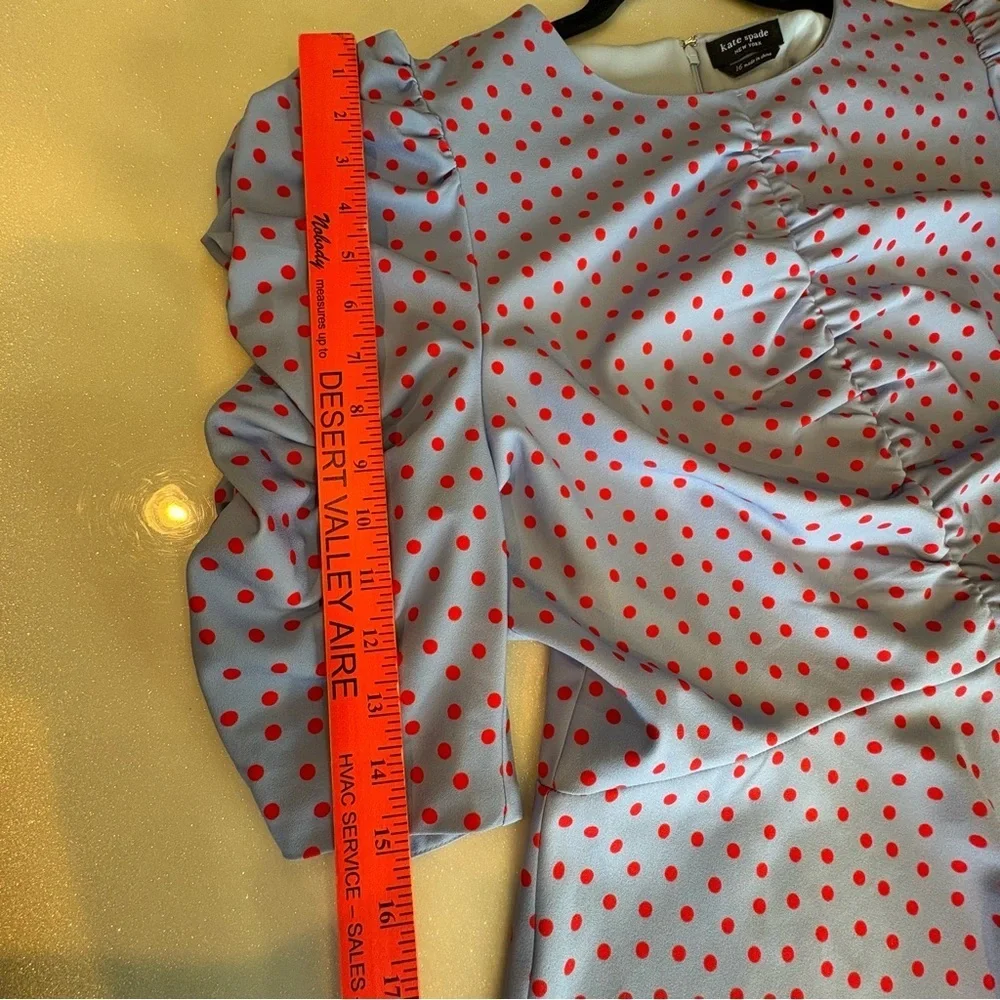 Kate Spade Plus Size 16 Peplum Top Ruched Blue Red Polka Dots Puff Sleeves Zip